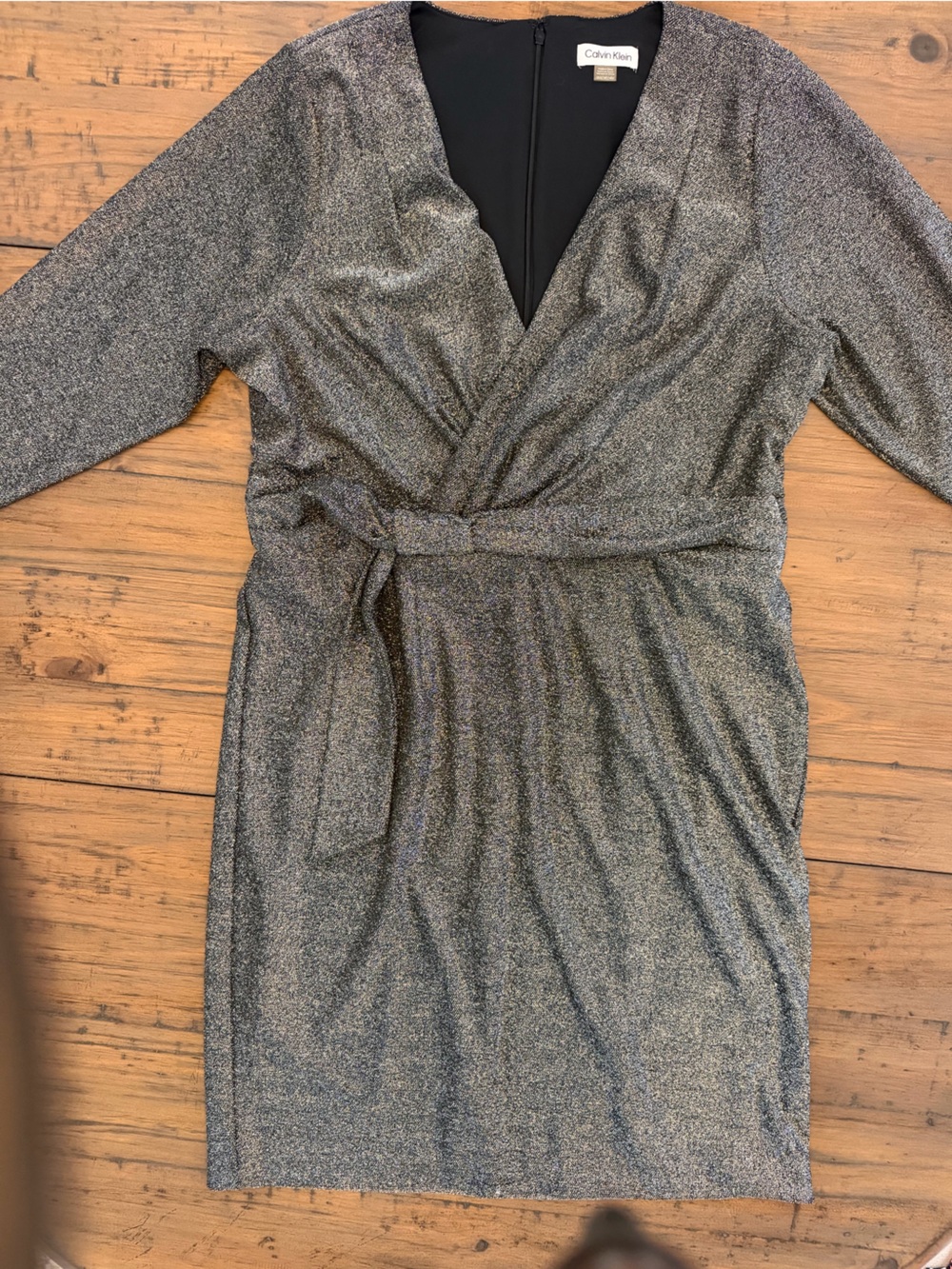 Calvin Klein Metallic Silver Ruched Knot Long Sleeve Cocktail Dress
